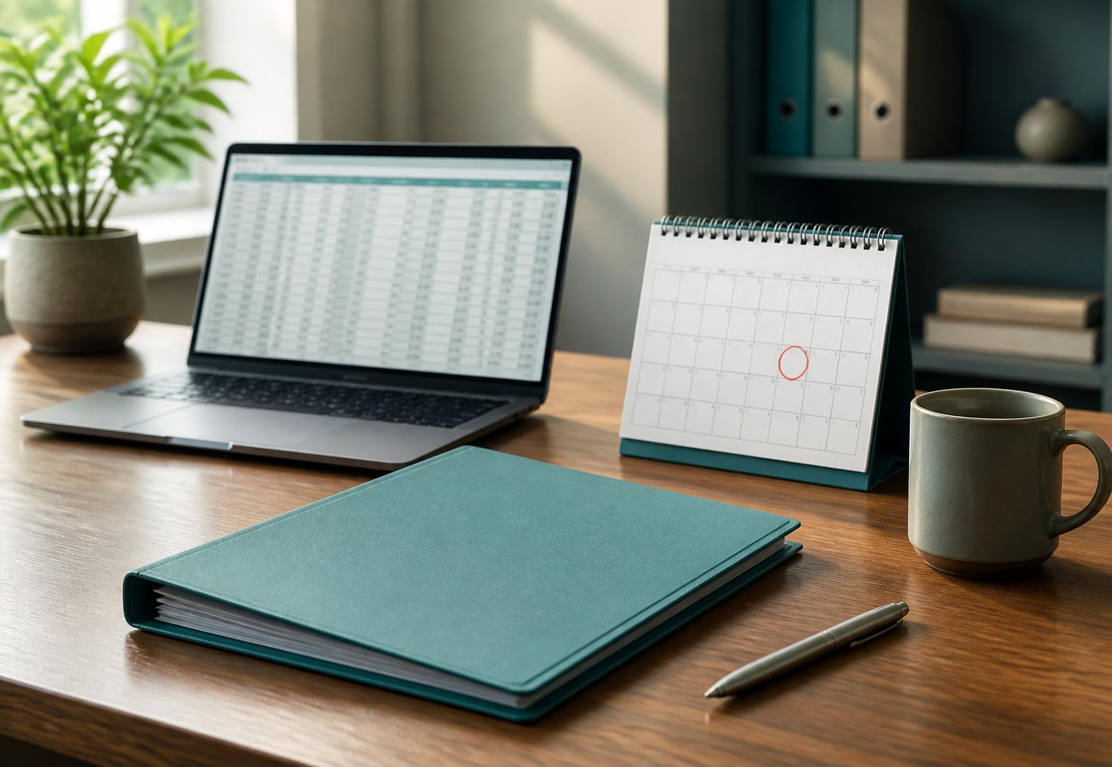 Benefits renewal folder, payroll cost spreadsheet, and a calendar with the renewal date circled