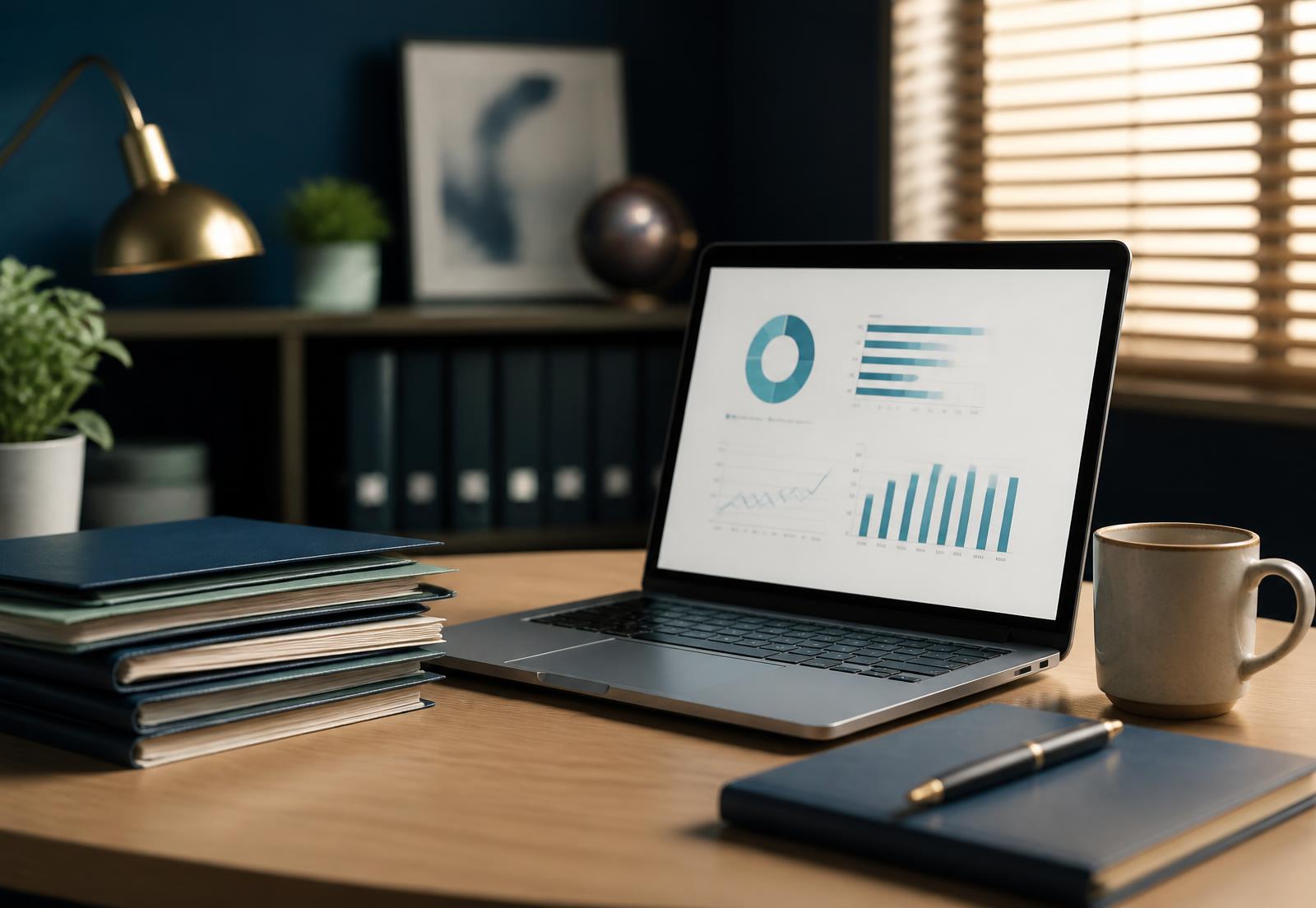 Organized bookkeeping workspace with a laptop and financial reports